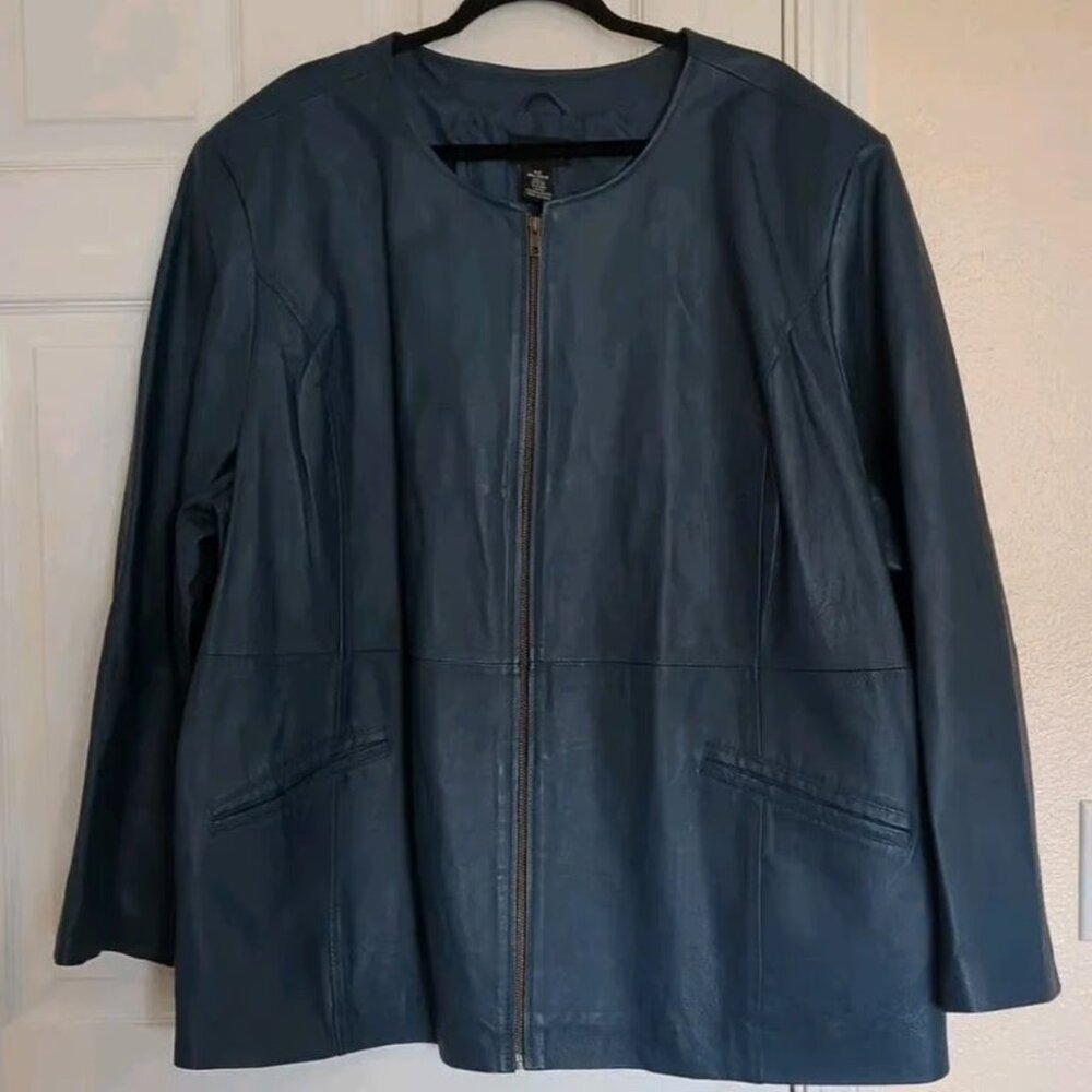 Maggie Barnes Genuine Leather Coat ~ Collarless ~ Women's 4X ~  Blue